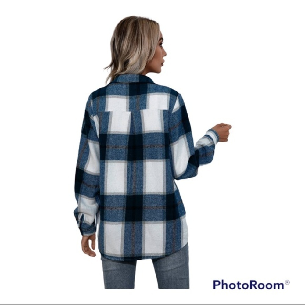 PLAID BUTTON DOWN SHACKET JACKET BLUE SIZES SMALL - MEDIUM - LARGE - XLARGE - Picture 5 of 7